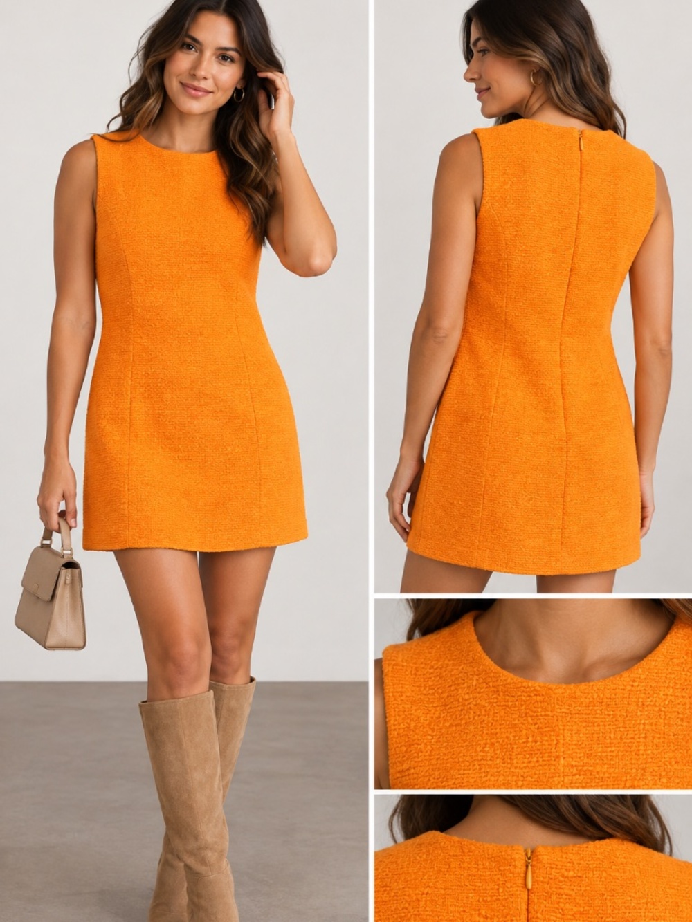Zara L Orange Boucle Tweed Shift Dress Mod 60s Retro Sleeveless Fall NWT New